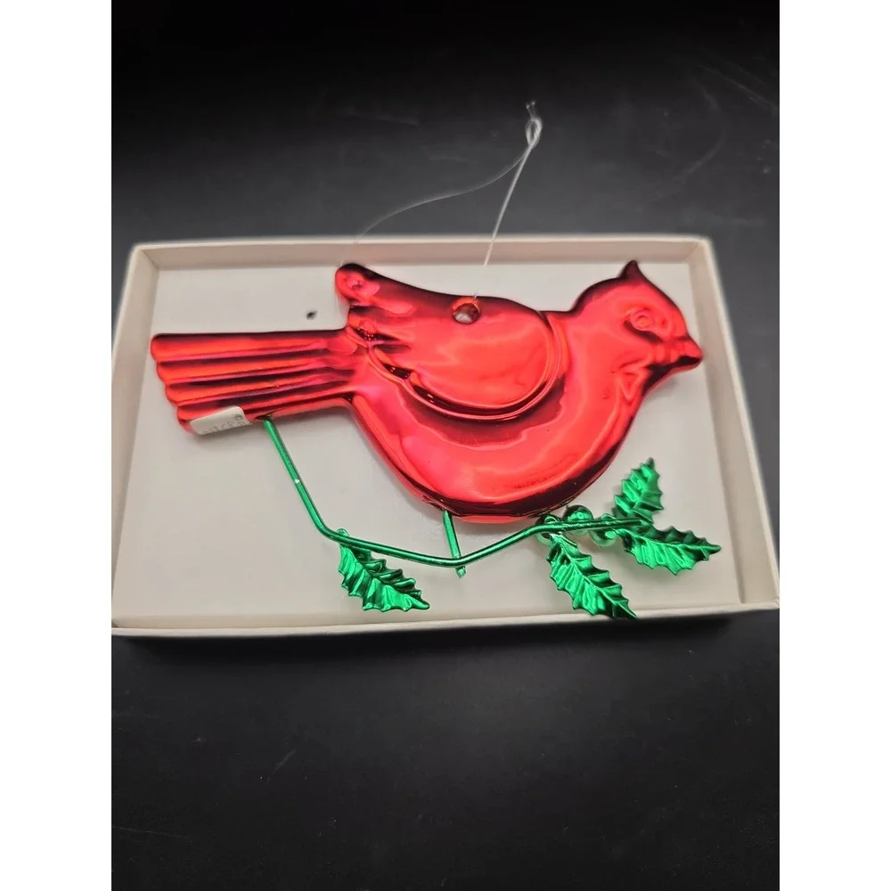 Vtg Dept 56 Red Cardinals Ornament Xmas Mercury Glass WIre Tin Holly Leave Bird